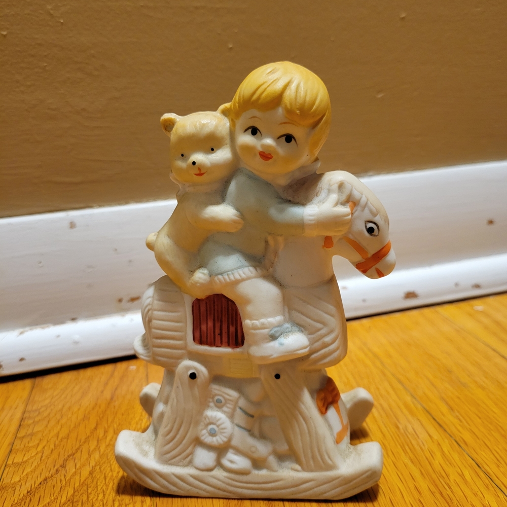Nursery Rocking Horse Vintage Ceramic Baby Decor Boy Teddy Bear 5 1/2”